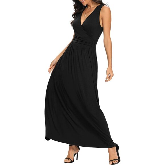 Women Black Deep V Neck Sleeveless Loose Plain Long Maxi Stretchy Casual Dress - Picture 5 of 6